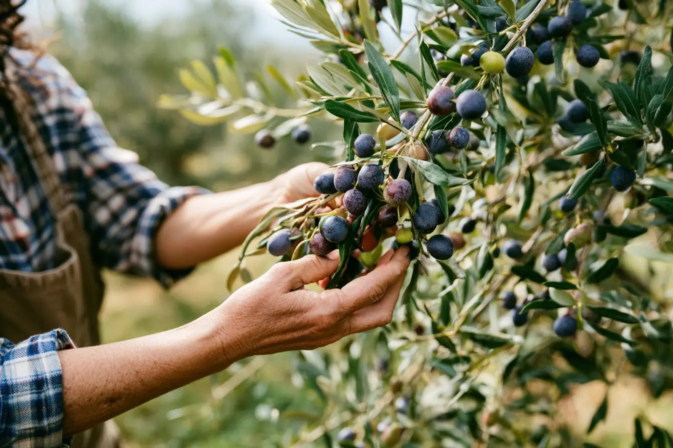 Hands inspecting olives