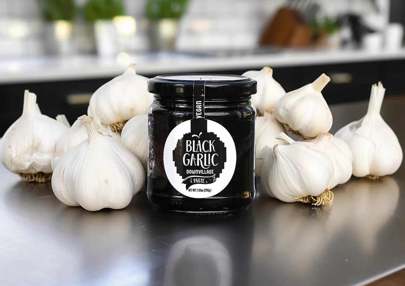 Black garlic on a counter